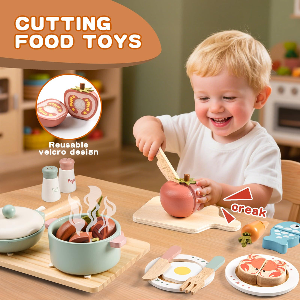 Toywoo cuttable play food with Velcro for repeated use and creative meal play.