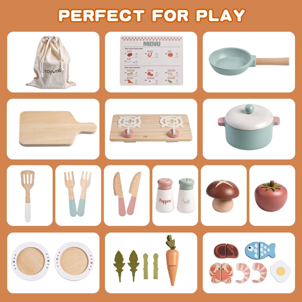 Toywoo gift ready wooden cooking set for ages 3 to 5 and beyond.