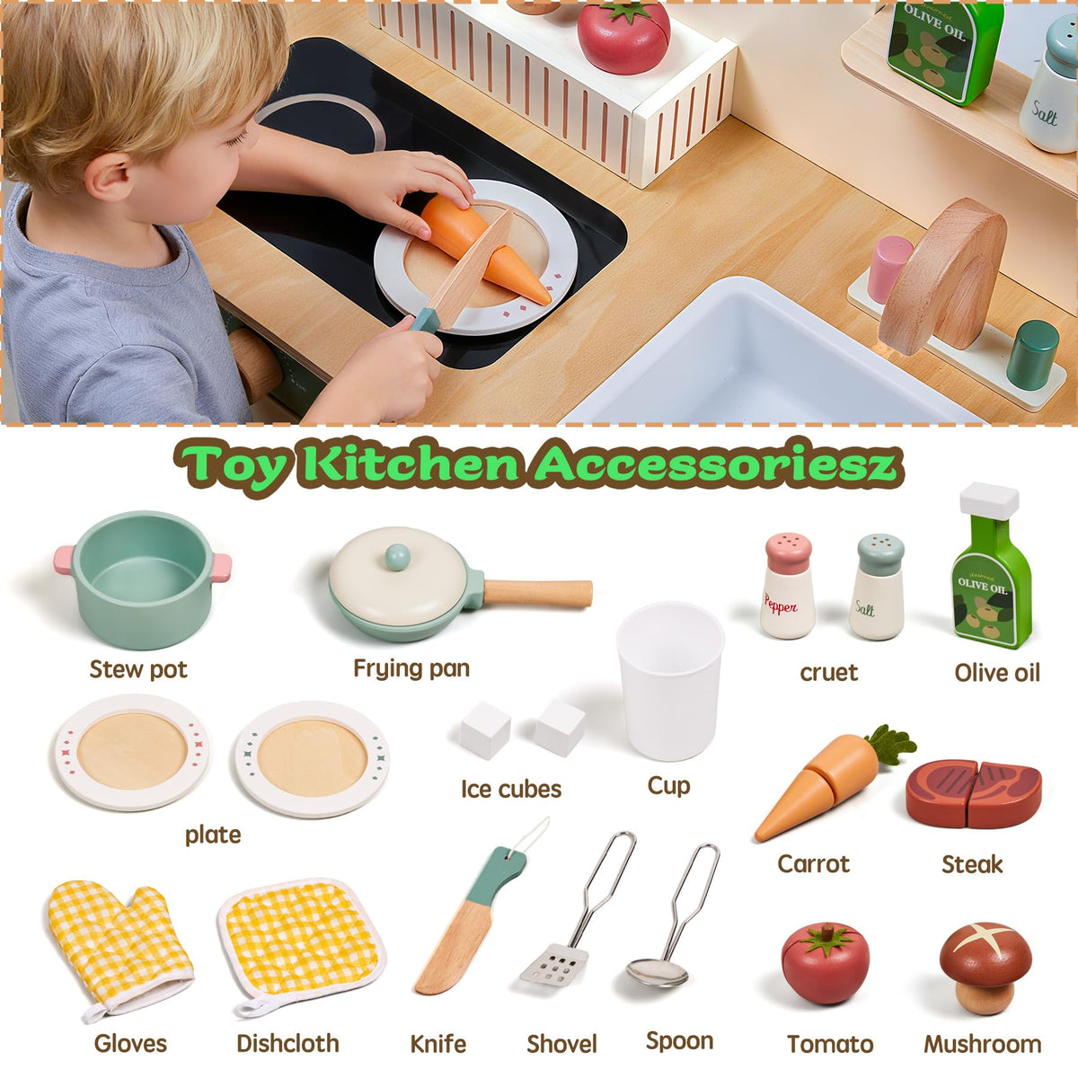 Toywoo Wooden Play Food Set enhances imaginative pretend meals.