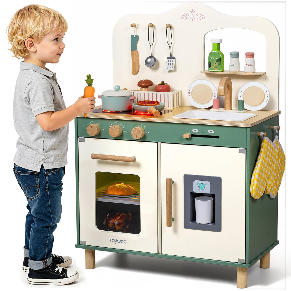 Toywoo Kids Play Kitchen sink area for pretend dishwashing and cleanup.