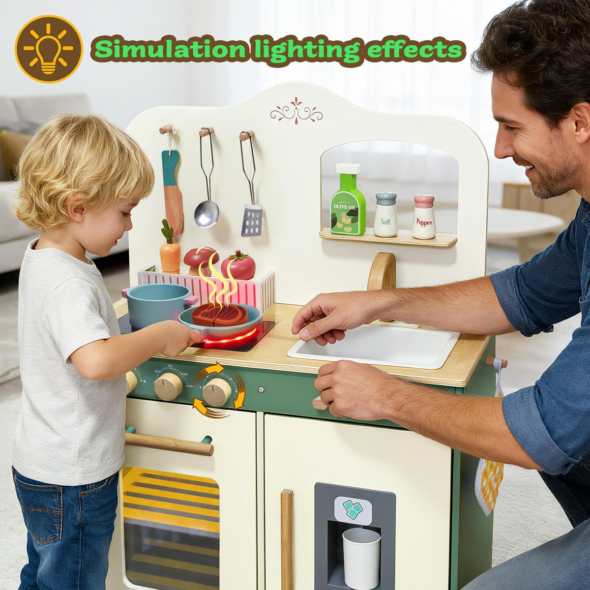 Toywoo Kids Play Kitchen stove with interactive lights and sounds for pretend cooking.