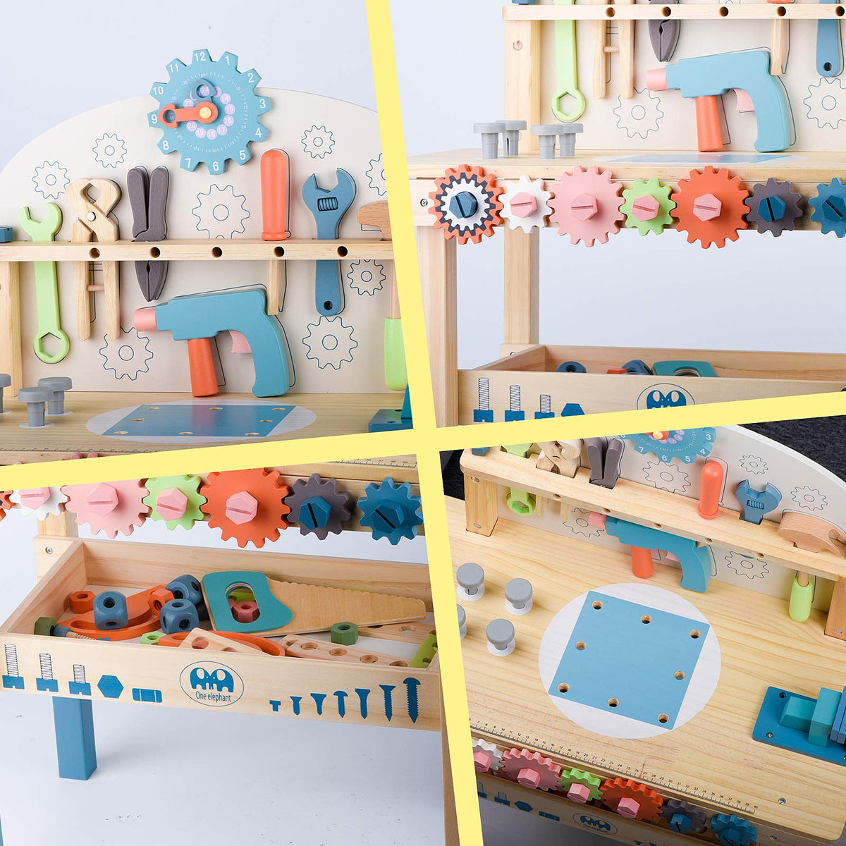Toywoo under-bench storage keeps parts organized during play