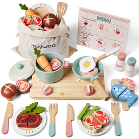 Toywoo wooden play kitchen pots and pans for imaginative pretend cooking and motor skill practice.