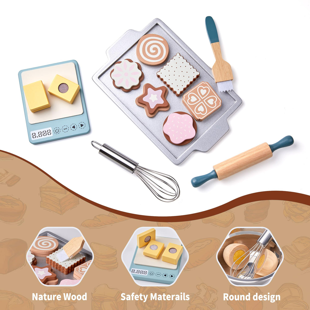 Toywoo wooden baking pan adds realistic pretend cooking experiences for budding chefs.