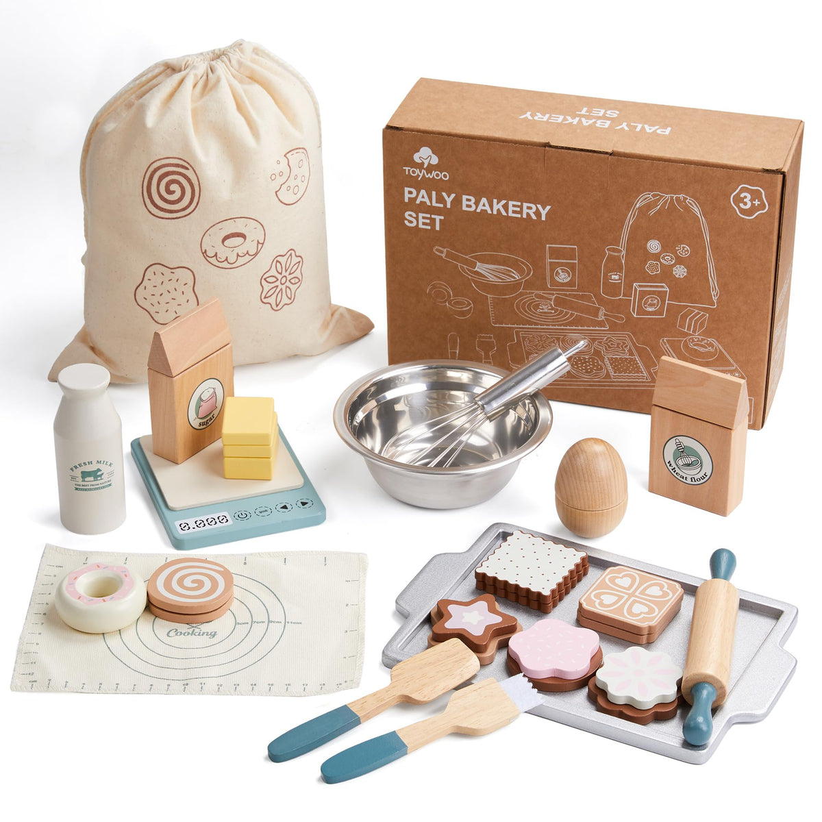 Toywoo wooden cookies set invites kids to roll, cut, and bake with friends.