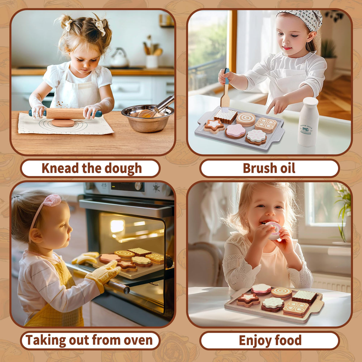 Toywoo wooden milk carton for realistic breakfast play and cooking scenarios.