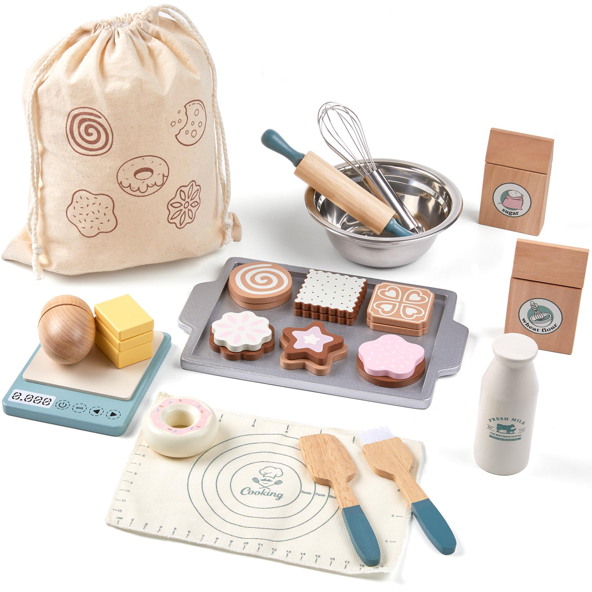 Toywoo wooden play food whisk enhances pretend baking fun and hand-eye coordination.