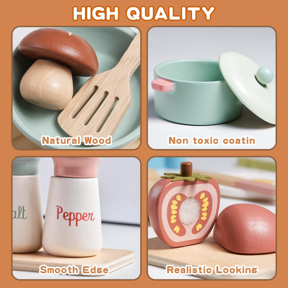 Toywoo wooden stove playset with colorful plates for realistic pretend cooking sessions.