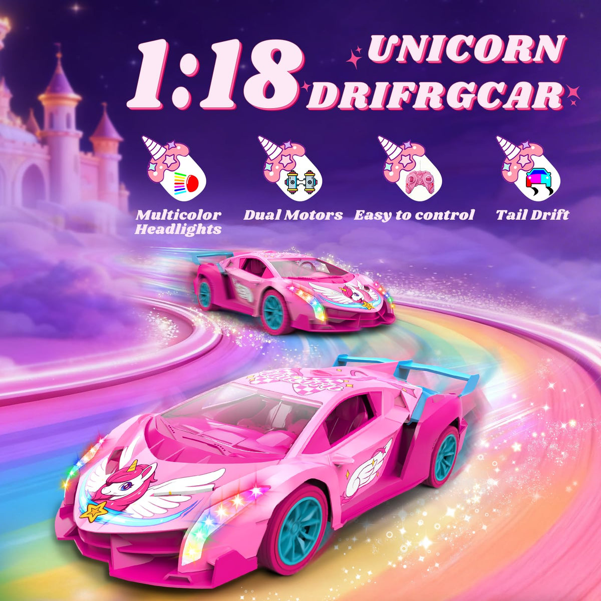 Tqeieu Unicorn RC Car 2.4GHz remote for interference-free racing.