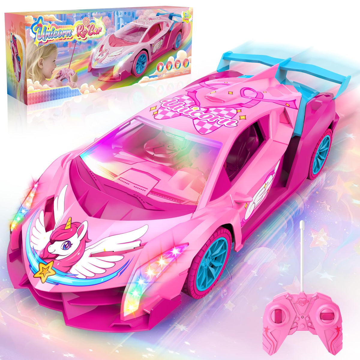 Tqeieu Unicorn RC Car with pink wings for magical indoor play.