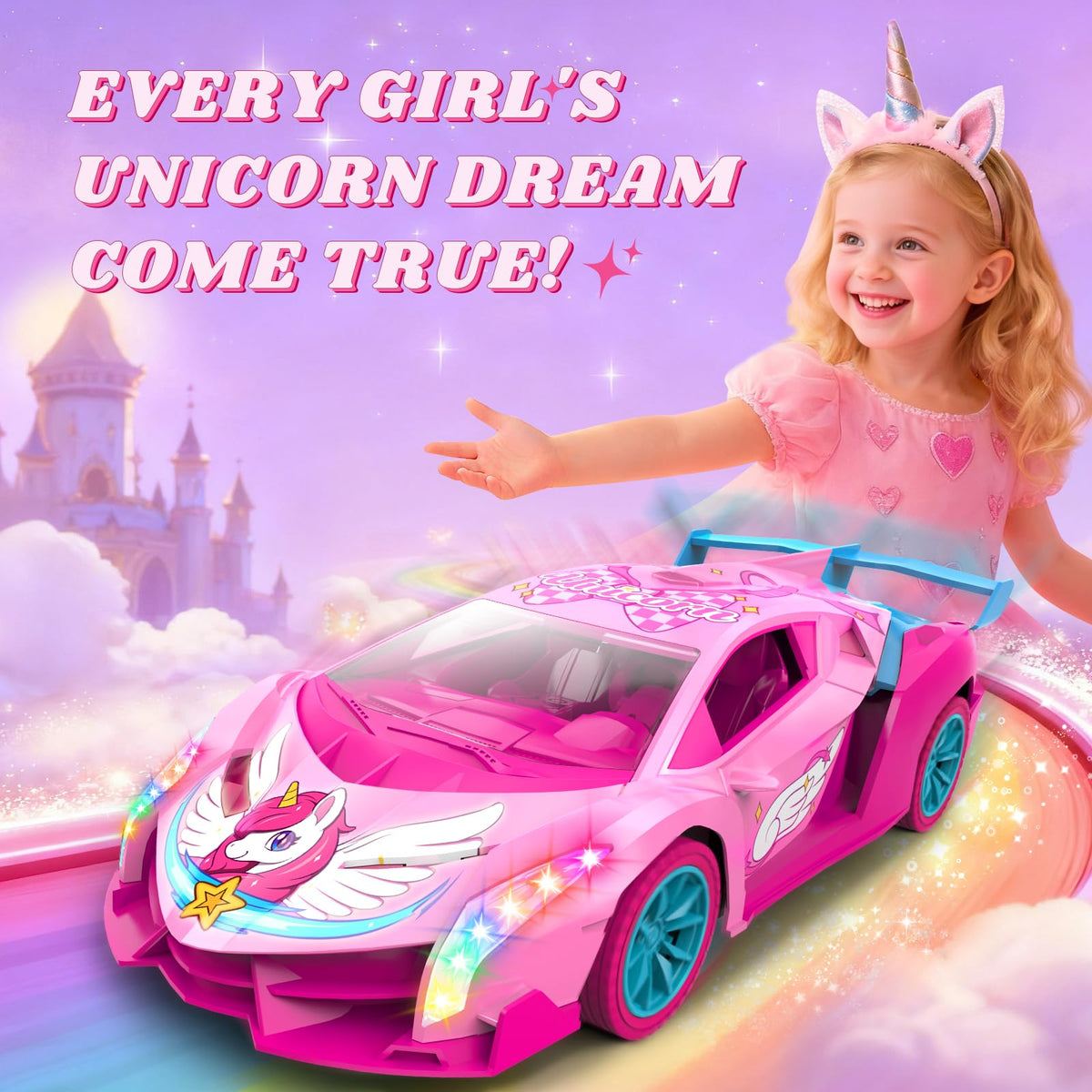 Tqeieu Unicorn RC Car with rainbow lights creating colorful trails.