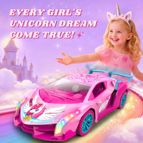 Tqeieu Unicorn RC Car with rainbow lights creating colorful trails.
