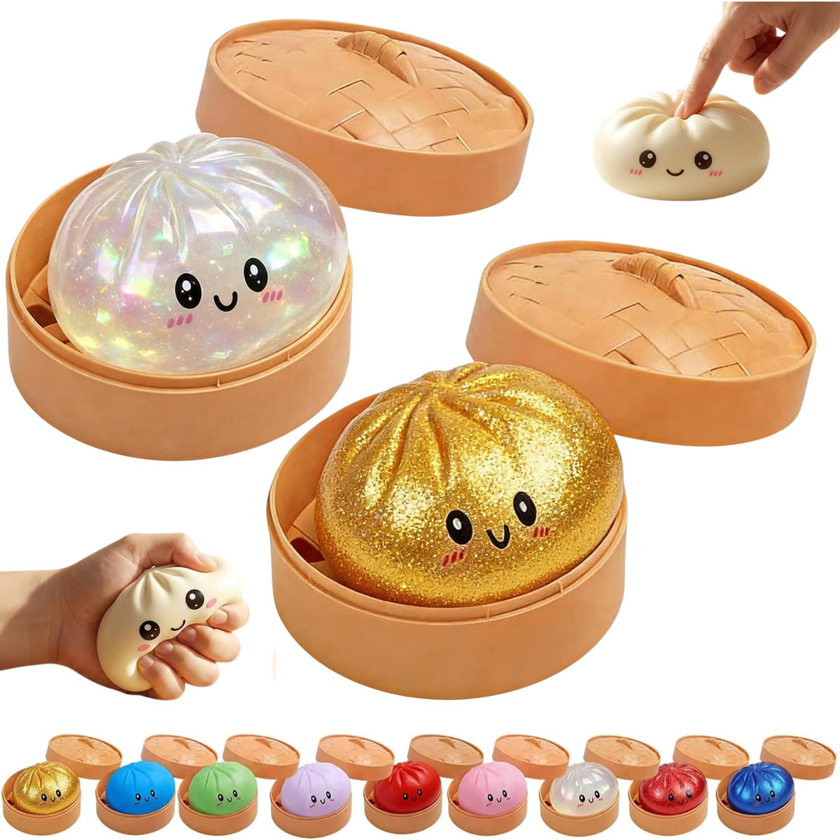 TQJOUJOU Dumpling Squishy front glitter steam bun for desk stress relief.