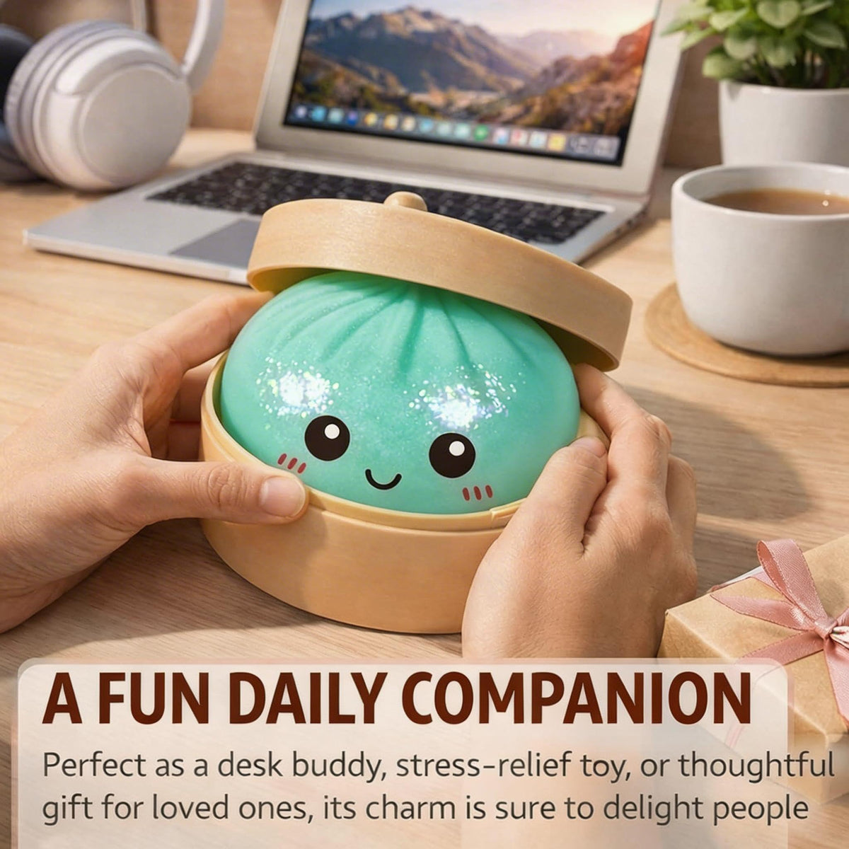 TQJOUJOU red glitter steam bun squishy adds playful mood lift.