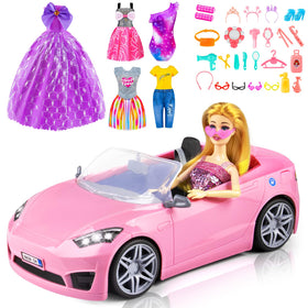 TQRAZ doll 11.5-inch with pink convertible car for imaginative dress-up play