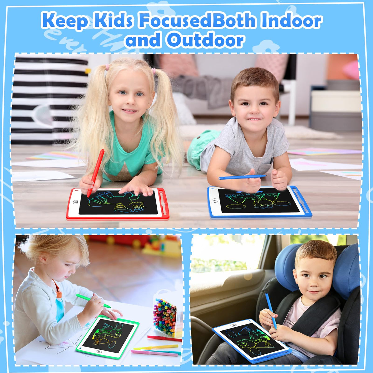 TQU stylus attached to top of doodle board for easy access