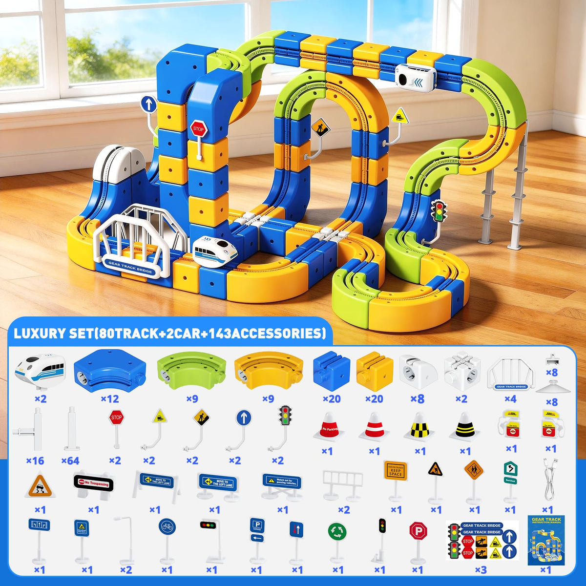 Tracpos train set with soft LED lights for vivid night-time play along the track.