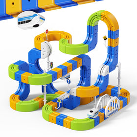 Tracpos electric train set with 3D anti-gravity track for creative play and vertical builds.
