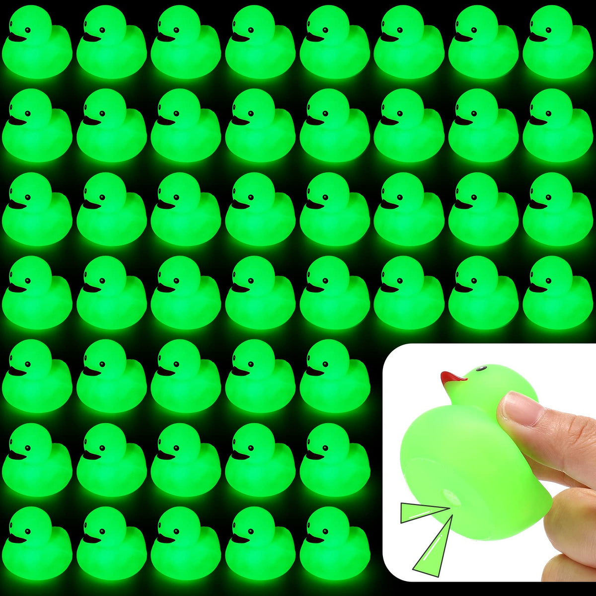 Tradder glow duck green 2-inch floats in water for bath time.