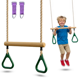 Trailblaze wooden trapeze bar with 18-inch adjustable height supports growing kids during active play.