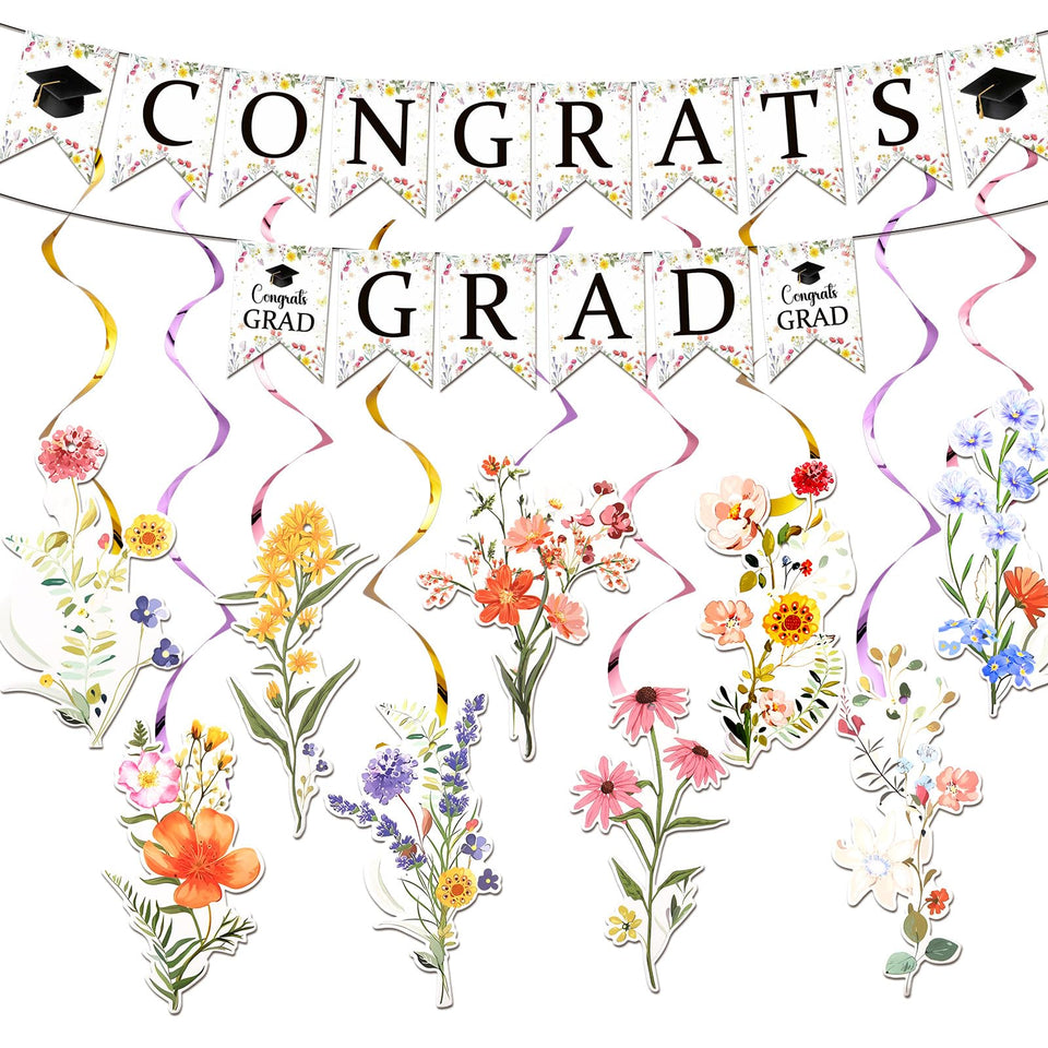 Trandraft wildflower congrats banner enhances the graduation backdrop with cheerful color.