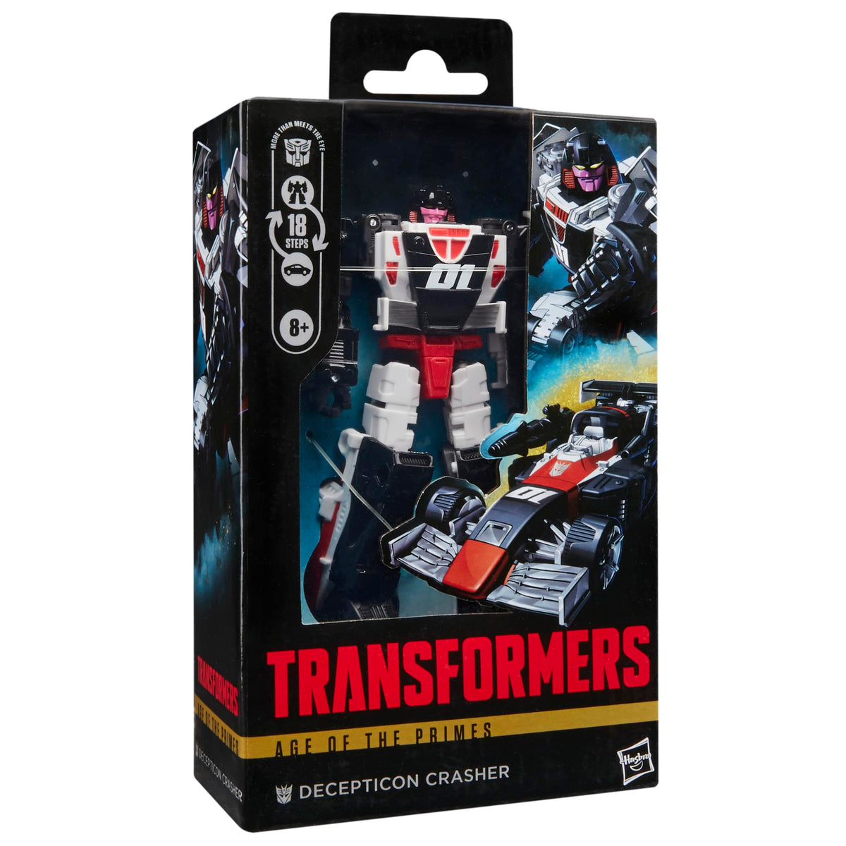 Crasher figure transformed into a sleek sports car for action-ready play.