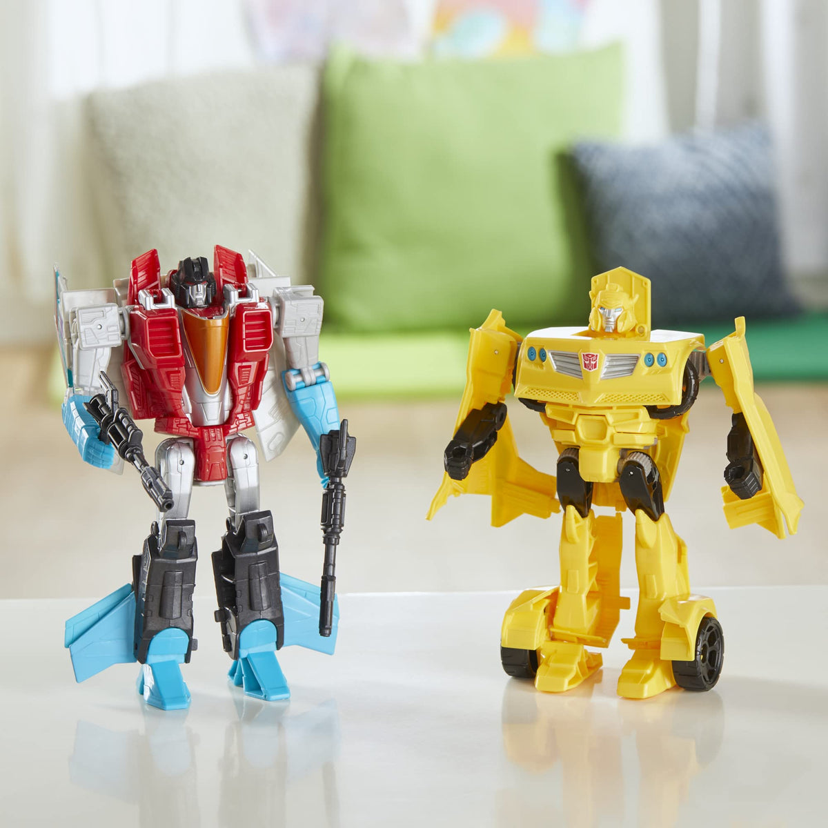 Transformers Bumblebee and Starscream 7-inch scale figures offer sturdy detail for young collectors.