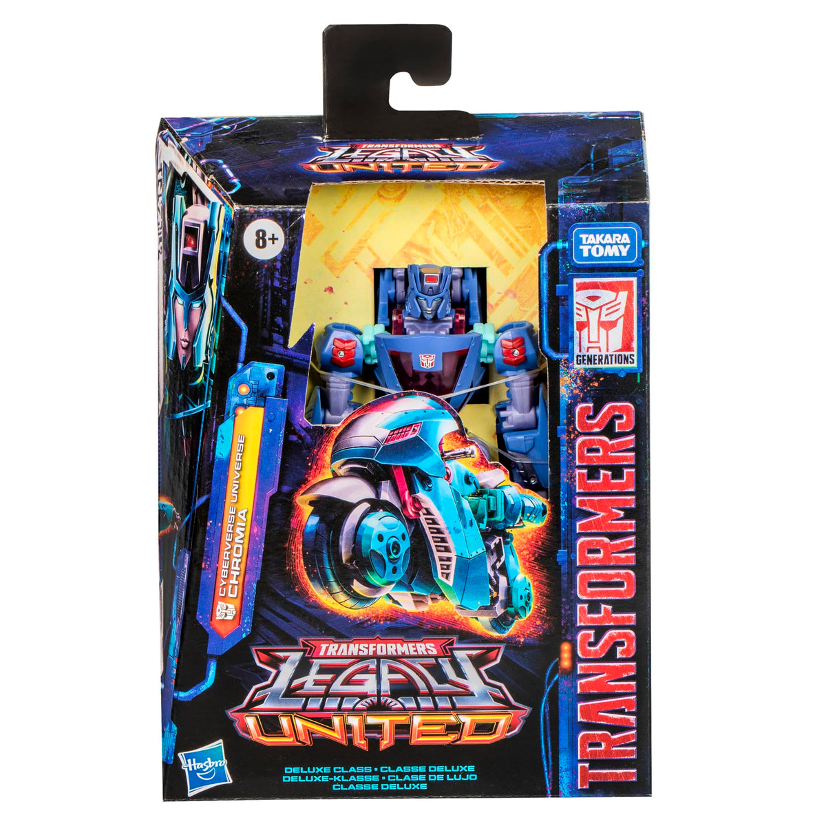 Transformers Chromia motorcycle in 20-step conversion for action play.