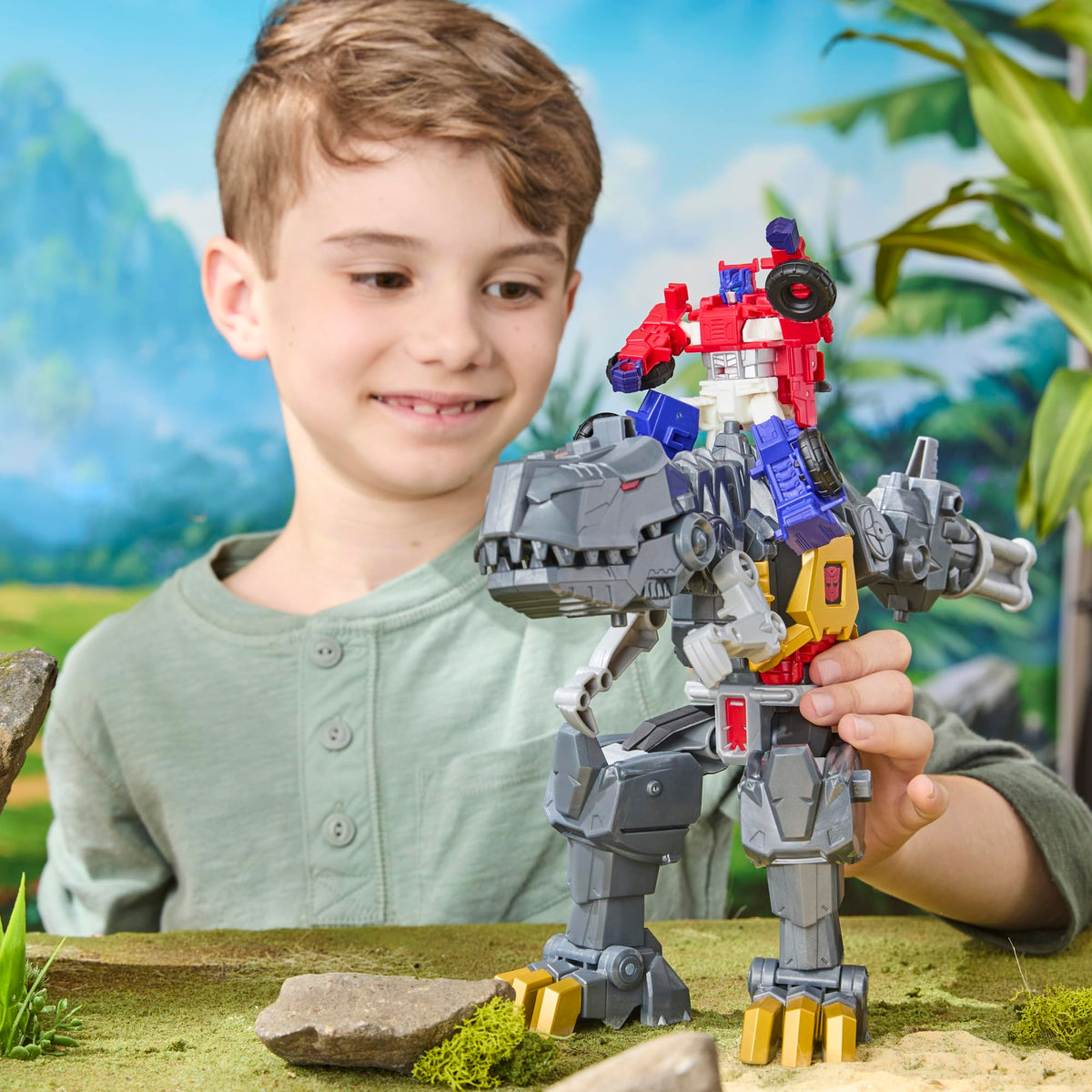Four-step transformation sequence from robot to dino.