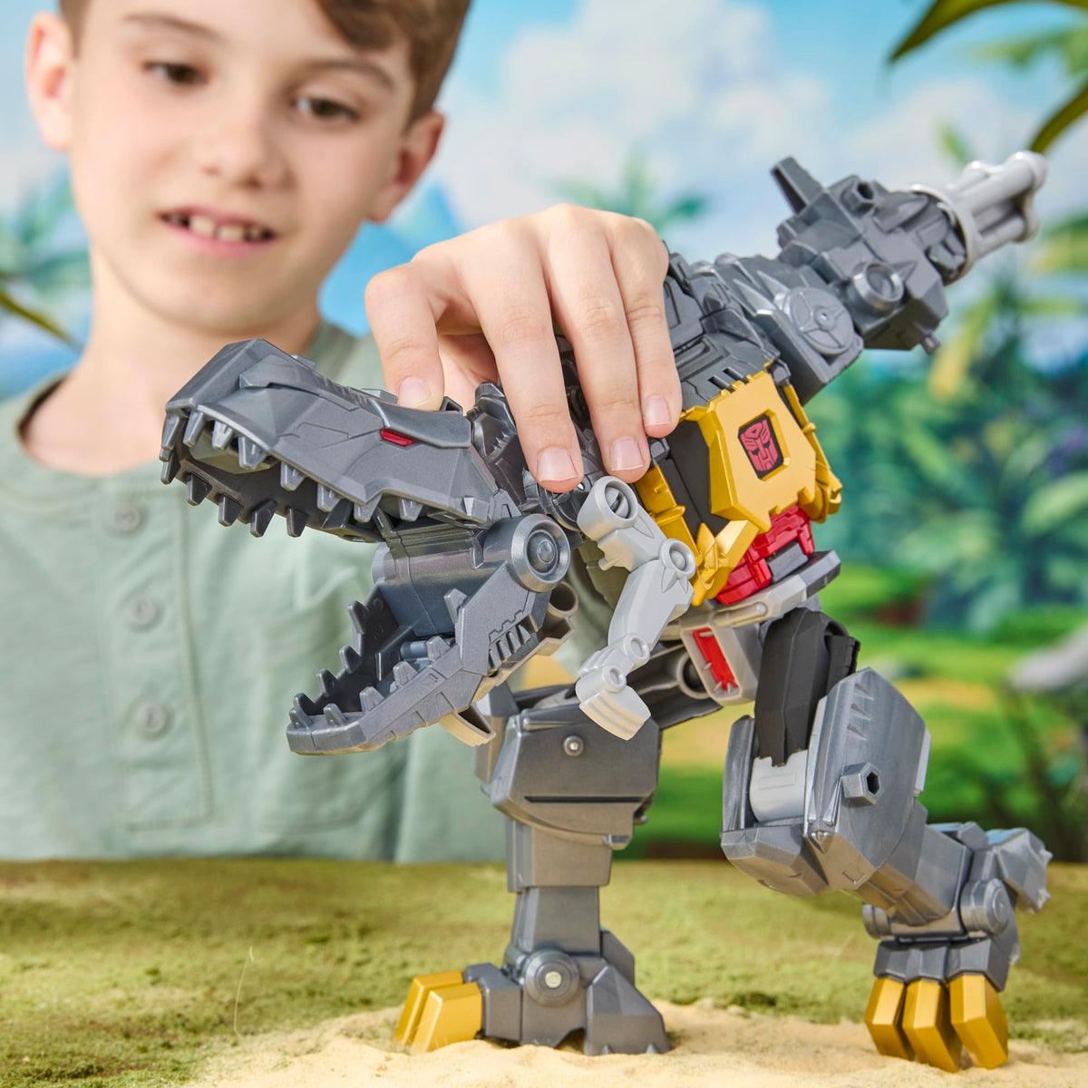 9-inch Grimlock robot with mech suit panel opening.