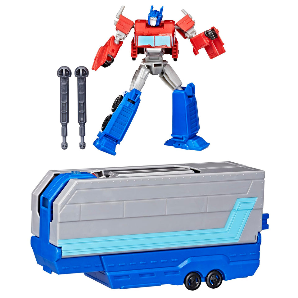 Transformers EarthSpark Optimus Prime battle trailer front view with lights for immersive play.