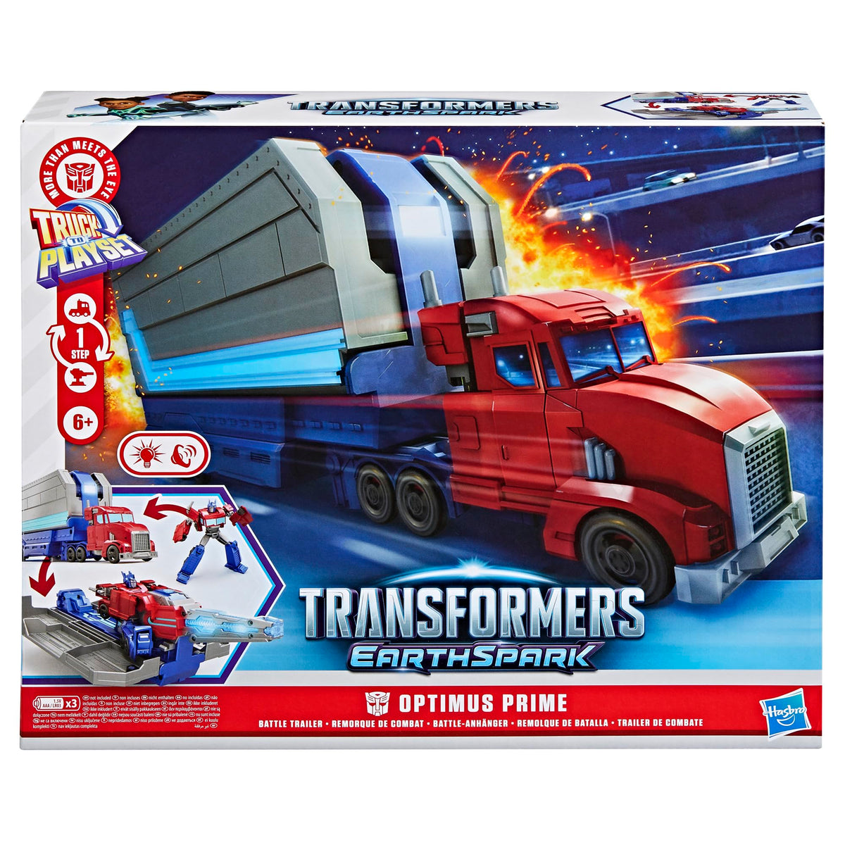 Transformers EarthSpark Optimus Prime trailer attached to battle station for imaginative battles.