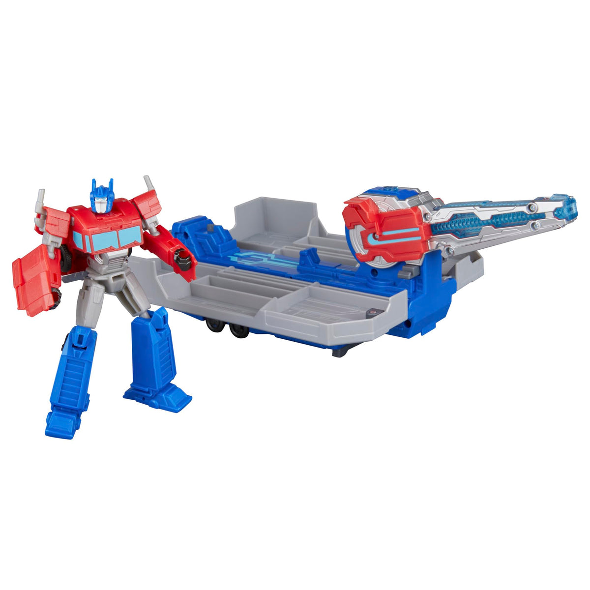 Transformers EarthSpark Optimus Prime trailer launcher operation with projectile launch action.