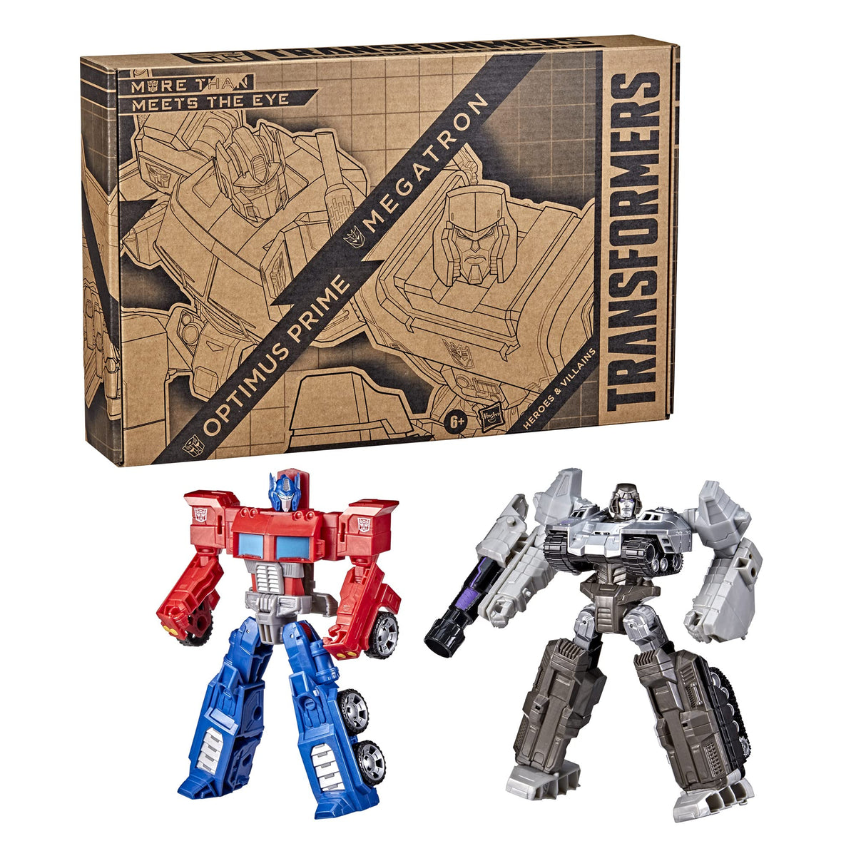 Front view of Transformers Heroes and Villains 2-Pack featuring Optimus Prime and Megatron.