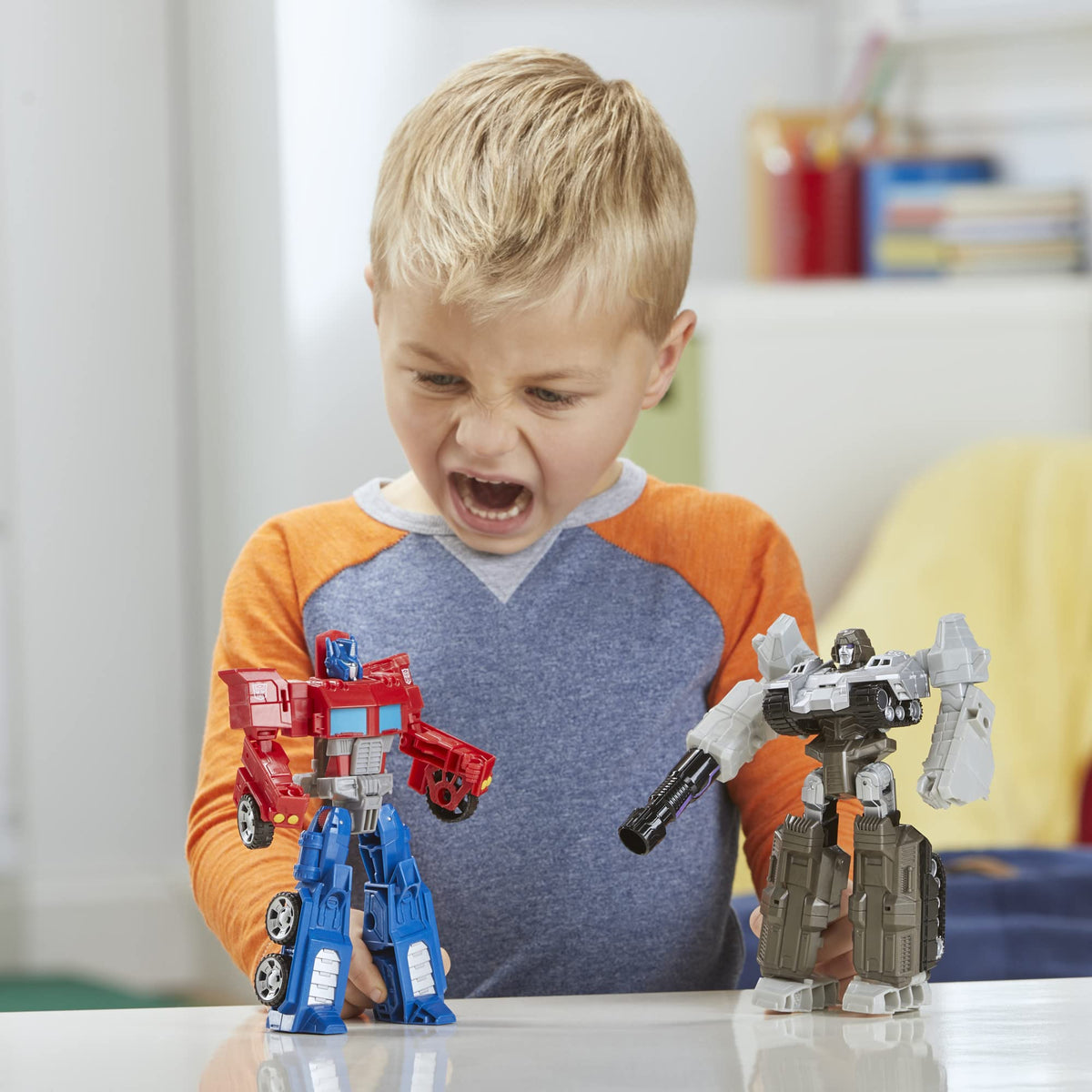 Autobots versus Decepticons clash in a dynamic Transformers display.