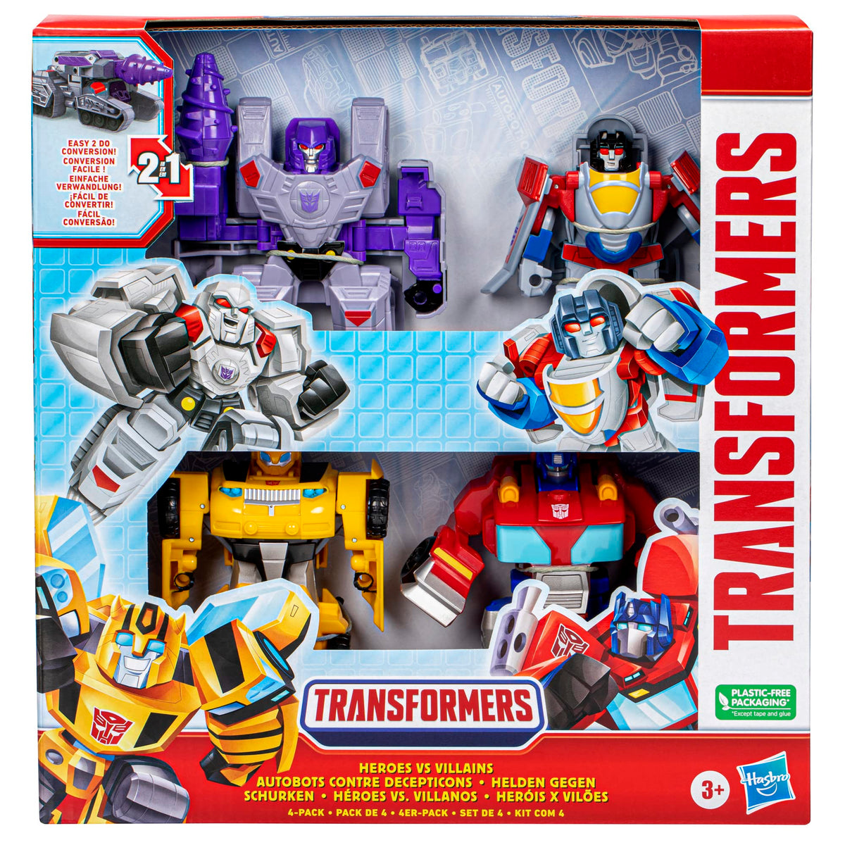 Transformers Heroes vs Villains 4-Pack Megatron robot toy converts to drill tank for action play.