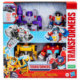 Transformers Heroes vs Villains 4-Pack Megatron robot toy converts to drill tank for action play.