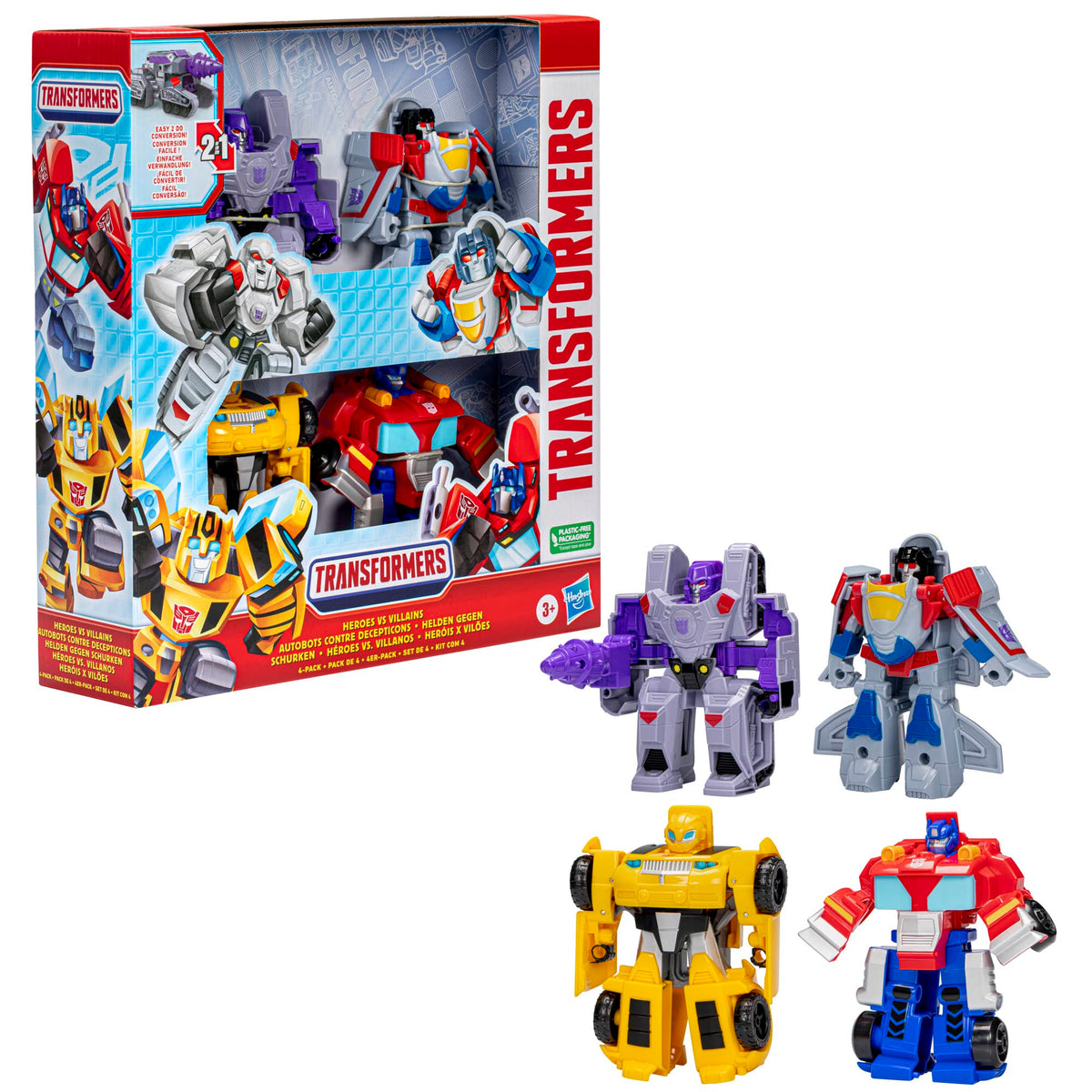 Transformers Heroes vs Villains 4-Pack packaging image ready for gifting.