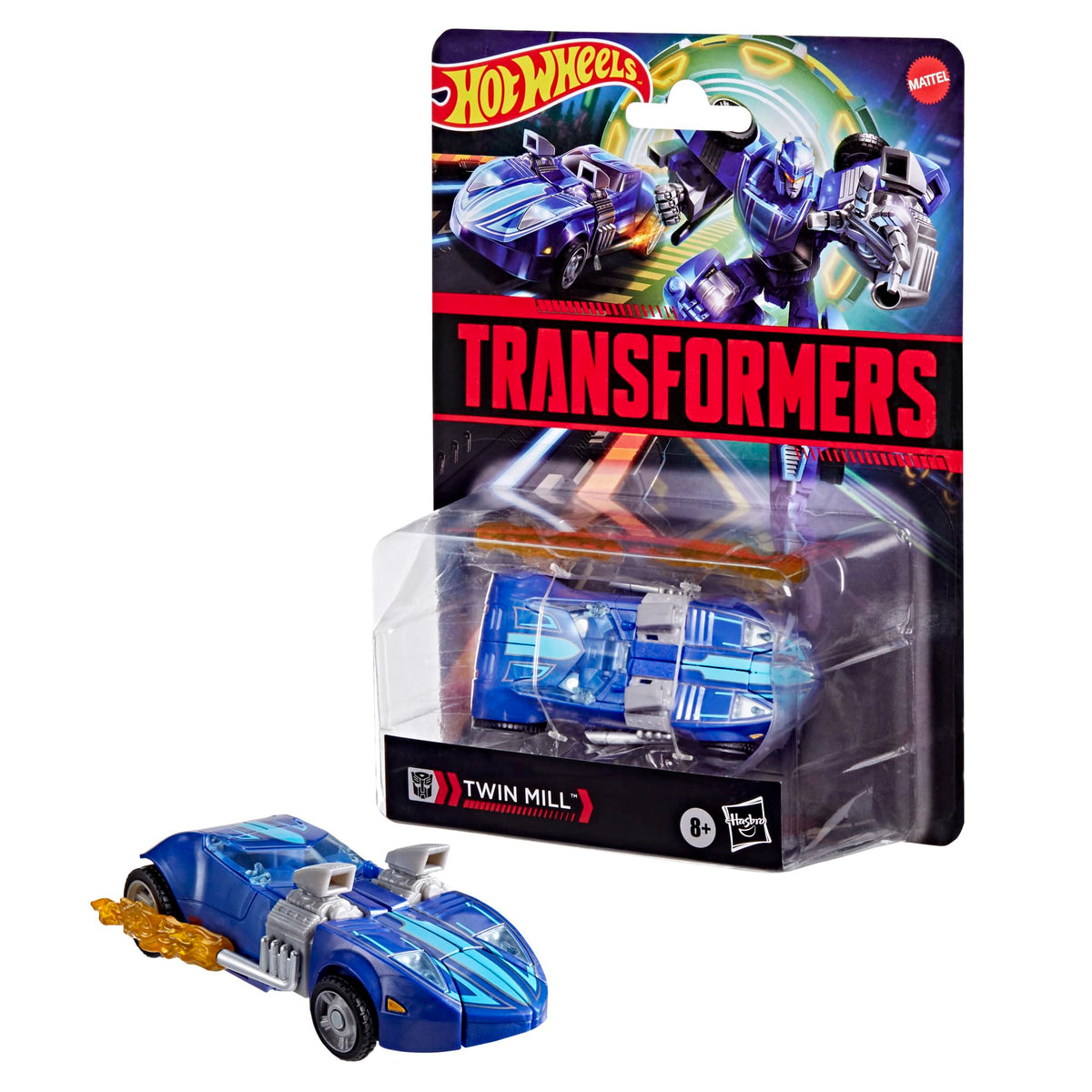 Transformers Hot Wheels Twin Mill car mode shows sleek racing design.