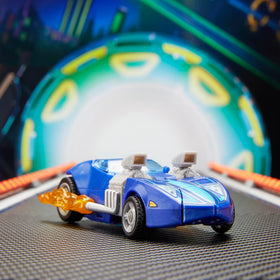 Figures posed beside a model race car to illustrate mode switching.