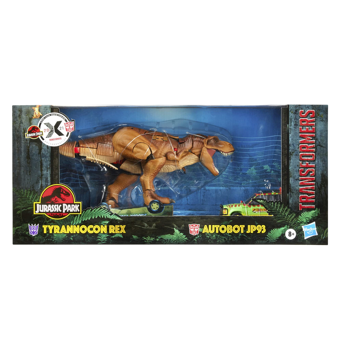 Tyrannocon Rex and Autobot JP93 mashup display with Jurassic Park crossover details.
