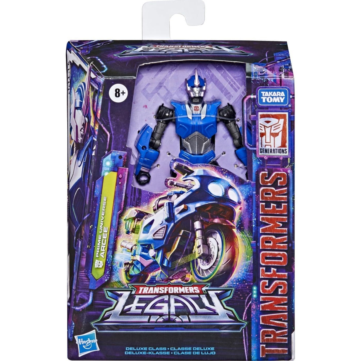 Energon blade accessories attached to Arcee in both modes.