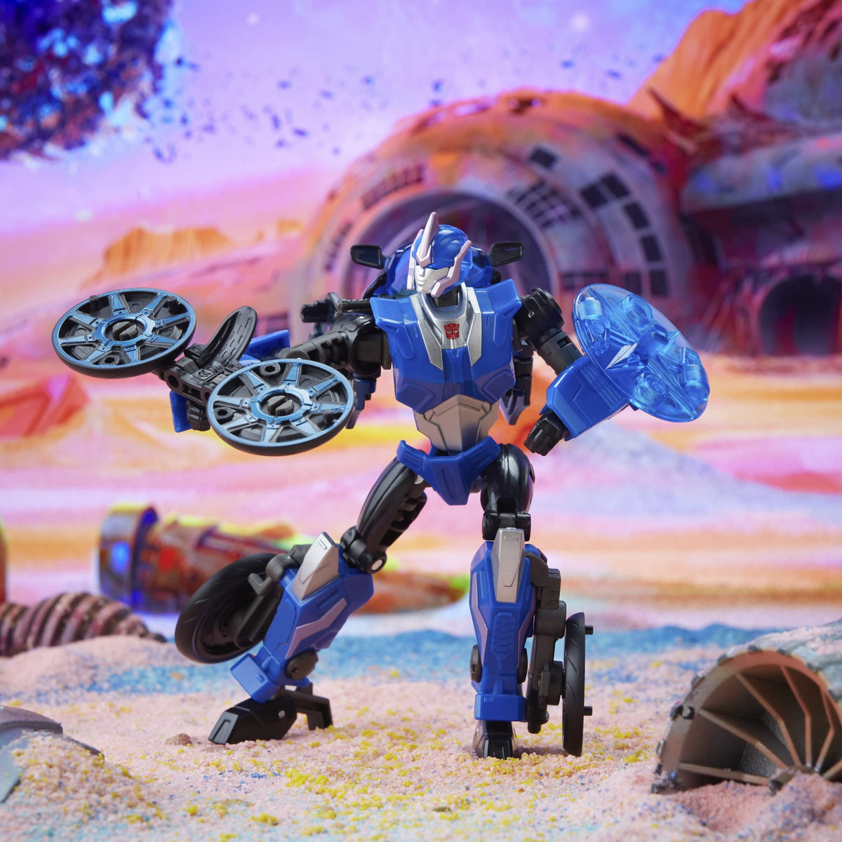 Arcee in motorcycle mode with sleek design and dynamic wheels.
