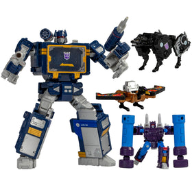 Transformers Legacy Soundwave in robot mode with detailed deco for display and posing