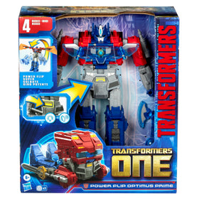 Four-mode conversion display showing Orion Pax to Optimus Prime in dynamic transitions