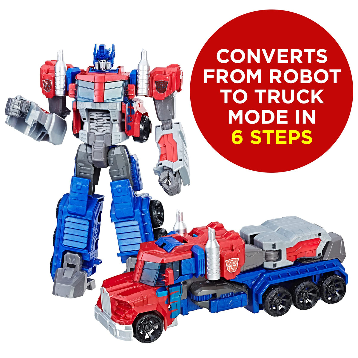 Transformers Optimus Prime truck mode, easy 6-step conversion for kids 6 and up.