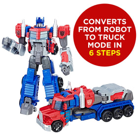 Transformers Optimus Prime truck mode, easy 6-step conversion for kids 6 and up.