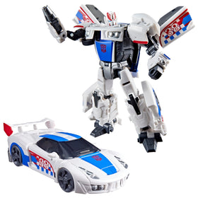 Transformers Smokescreen deluxe figure front view showcases dynamic robot pose for play.