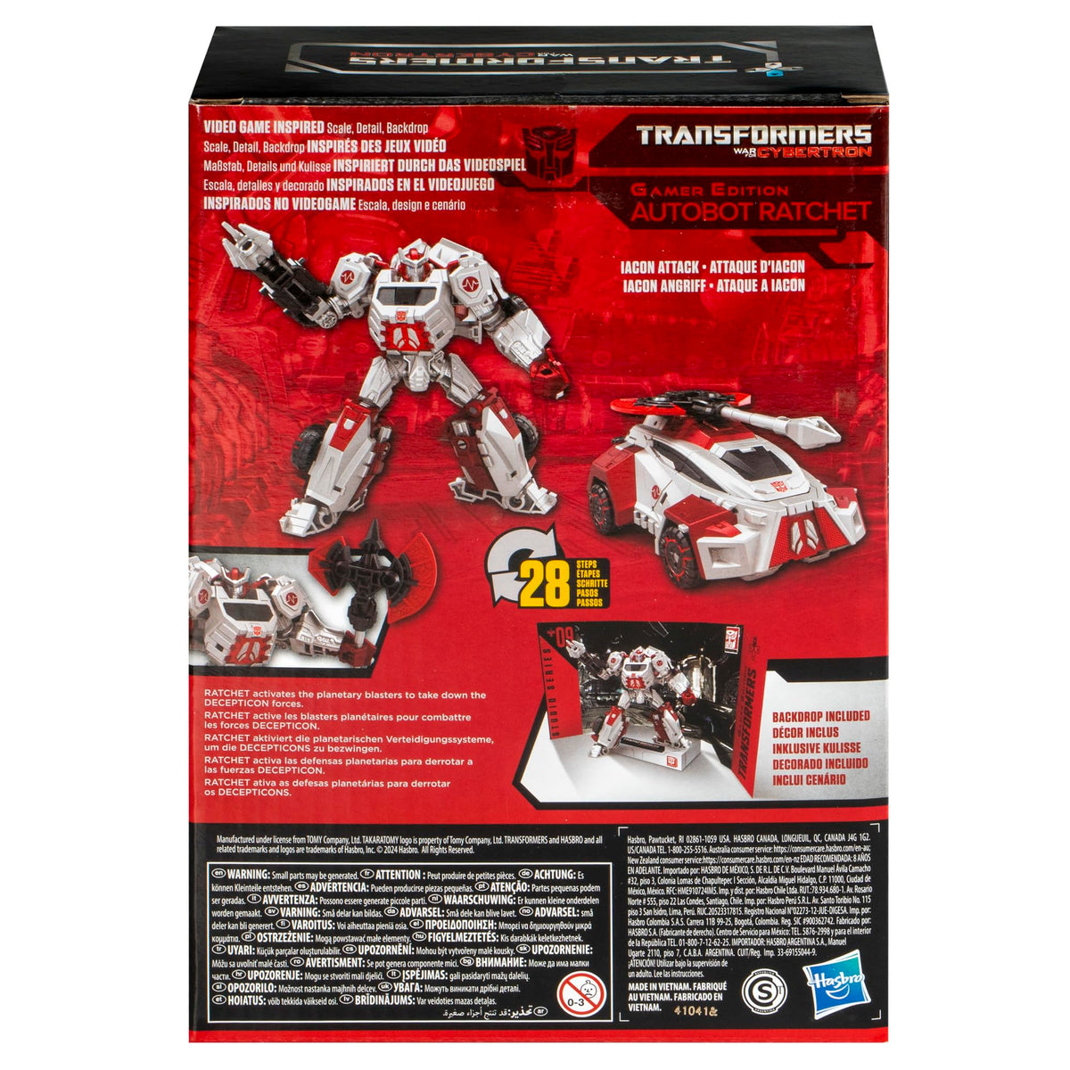 Removable Iacon Attack backdrop creates themed diorama display for Ratchet.