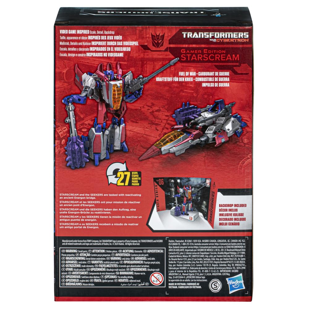 Starscream backdrop with Fuel of War scene enhances display and storytelling.